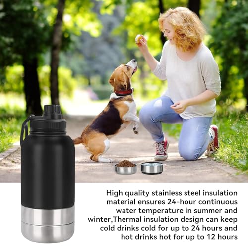Trinkflasche Hunde für Unterwegs 950ml – Isolierte Edelstahl Hundetrinkflasche Wasserflasche mit Futternapf & Wassernapf, Tragbare Hundeflasche BPA-frei für Reise Spaziergang & Outdoor (Schwarz, L)