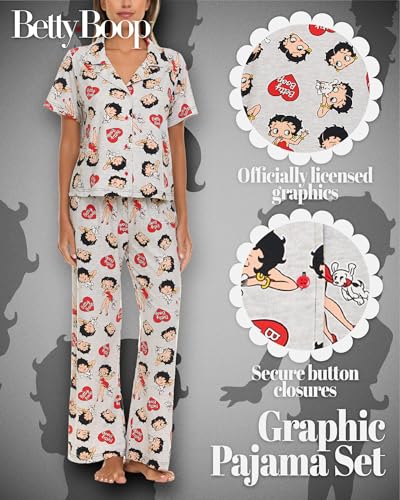 Betty Boop Women’s Pajama Set, Soft Stretchy Pajamas with Pants and Short Sleeve, Notch Collar & Button Down Top2