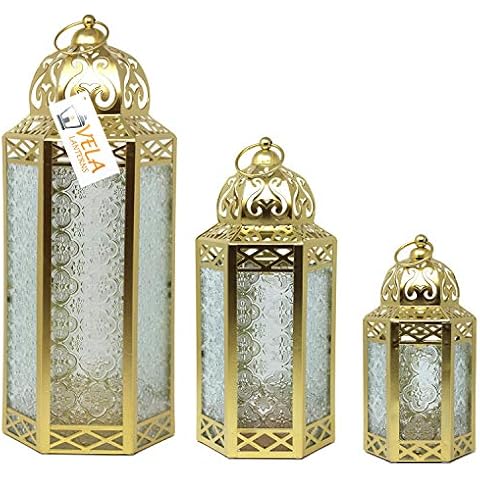 VELA Lanterns Moroccan Candle Lanterns Decorative Set of 3 for Floor, Ramadan Decorations, Indoor Home Decor, Outdoor Patio or Porch, Weddings, Gold Cover
