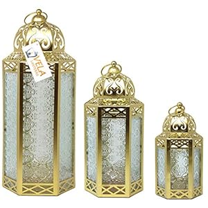 VELA Lanterns Moroccan Candle Lanterns Decorative Set of 3 for Floor, Ramadan Decorations, Indoor Home Decor, Outdoor Patio or Porch, Weddings, Gold