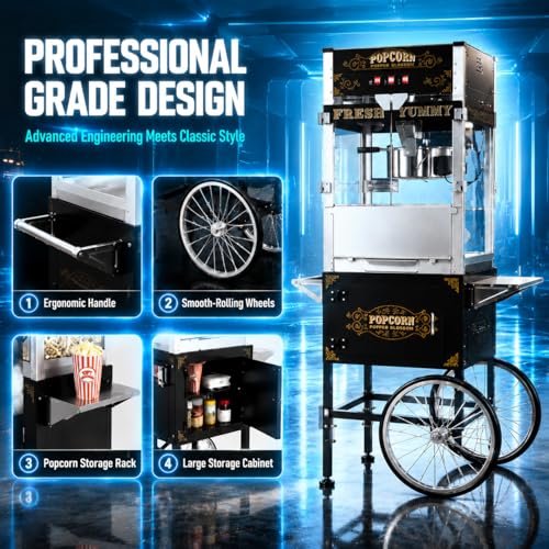 Image of Commercial Popcorn Machine with Cart - 32OZ Kettle Popcorn Makers With Heating Stainless Steel Kettle 3-Switch Control for Corporate, School, Business, Institutional, Theater, Carnival, Church, Black