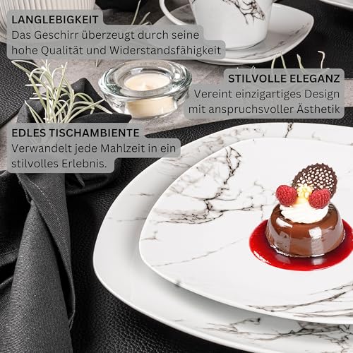 SÄNGER | Tafelservice Bilgola Marmor Weiß, 18-teiliges Geschirrset für 6 Personen mit Suppen-, Dessert- & Speisetellern aus Porzellan, Teller Set, Essgeschirr, Eckig | PREMIUM COLLECTION