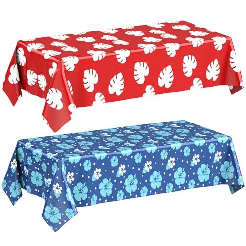 Image of Oudain 2 Sheets Hawaii Hibiscus and Tropical Leaves Tablecloth Birthday Party Decorations Blue Alien Cartoon Table Covers for Birthday Party Supplies
