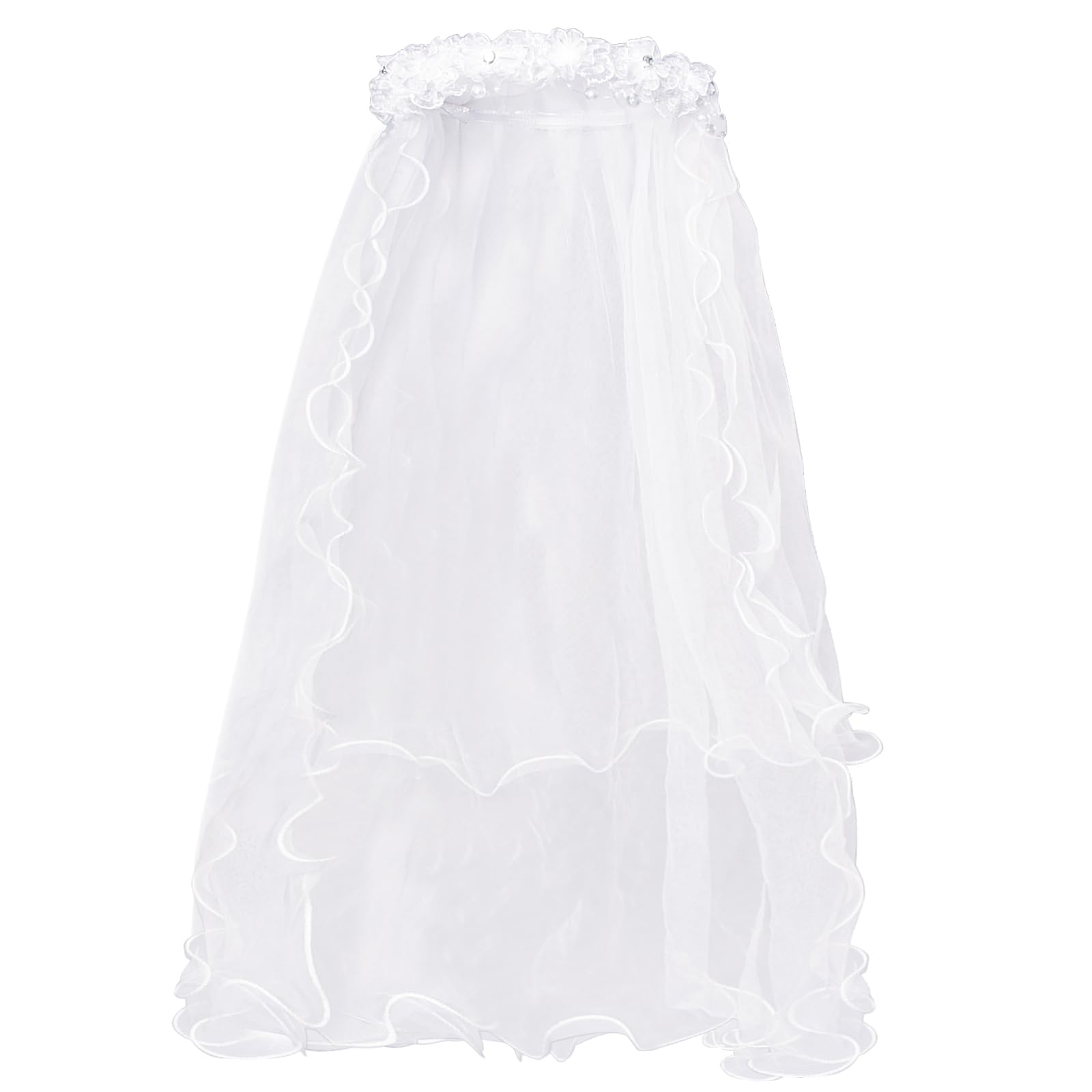 Lystaii Bowknot Rhinestone Flower Veil First Holy Communion Headband Hair Wreath Floral Crown Pearls Crystal Lace Headpiece Veil White for Wedding Party