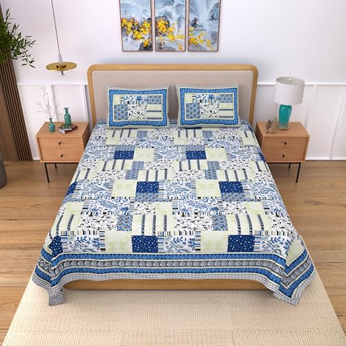Image of India 100% Pure Cotton Jaipuri Printed Double Bedsheet with 2 Pillow Covers | Traditional Sanganeri Floral Design | Soft Breathable Fabric | King Size Bedsheet for Bedroom (Kaya35)