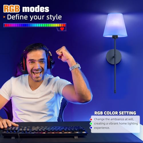 Image of NIORSUN Battery Operated Wall Sconce Set of 2,Black Rechargeable Wall Lights with 10400mAh Dimmable Bulbs and Remote,10 Colors Wireless Wall Lamps for Bedroom Living Room Hallway Decor