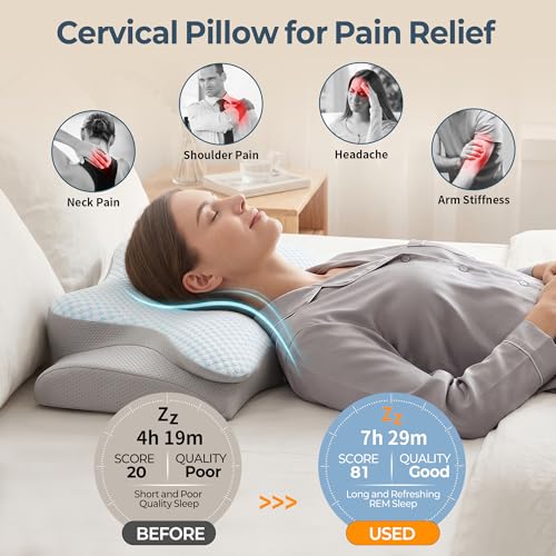 Image of Cervical Neck Pillow for Pain Relief, Memory Foam Contour Orthopedic Pillow, Ergonomic Cooling Neck Support Pillow for Side Back Stomach Sleepers, Bed Pillow for Sleeping Comfort (Dark Blue)