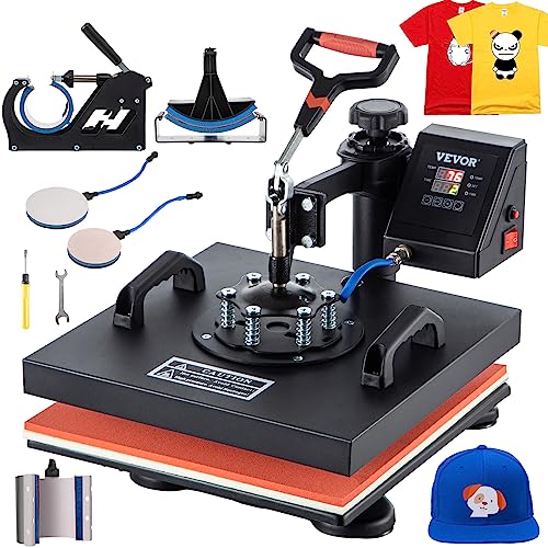 Vevor Heat Press Machine, 15 X 15 Inch, 6 In 1 Combo Swing Away T-Shirt Sublimation Transfer Printer With Teflon Coated, Mug/Hat/Plate Accessories Included, Etl/Fcc Certificated, Black(Color May Vary) #TOP21