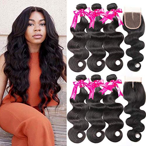 Beauty Princess Body Wave Human Hair 3 Bundles with Closure Double Weft 8A Brazilian Hair Bundles With Closure (18/18/18+16Inch)