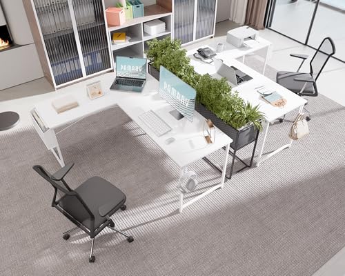 Image of Pamray 64.5 Inch Reversible L Shaped Gaming Desk Large Corner Computer Desk with Storage Bag Home Office Table for Writing Study White