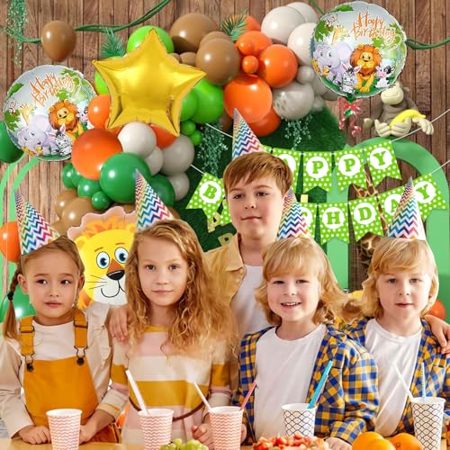 Image of Safari Jungle Theme Birthday Decoration Kit with Animal Foil Balloon, Happy Birthday Decoration Kit for Kids Animal Theme Bday Decor Pack of 59