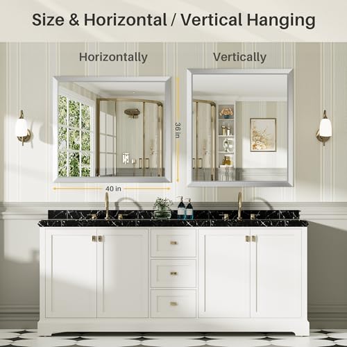 40x36 Inch Silver Bathroom Mirror for Wall, Thick Metal Framed Rectangle Mirrors for Over Sink, Bedroom, Living Room, Entryway, Anti-Rust, HD Tempered Glass