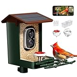 Smart Bird Feeder with Camera Solar Powered 2K HD Video, 10,000+ Species AI Recognition, Real-Time App Alerts, and Weatherproof Design for Effortless Birdwatching, Gift for Bird Lovers, Green Brown
