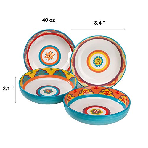 EuroCeramica Galicia Andalusian-Inspired Pasta Bowls, Set of 4, Vibrant Patterns