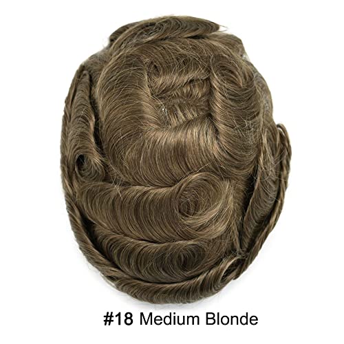 Mens Hair Piece Full French Lace Real Human Replacement System Hair Breathable Toupee For Men Bleached Knot Hair Prosthesis 6X8" 80% Density #18 MEDIUM BLONDE - Image 3