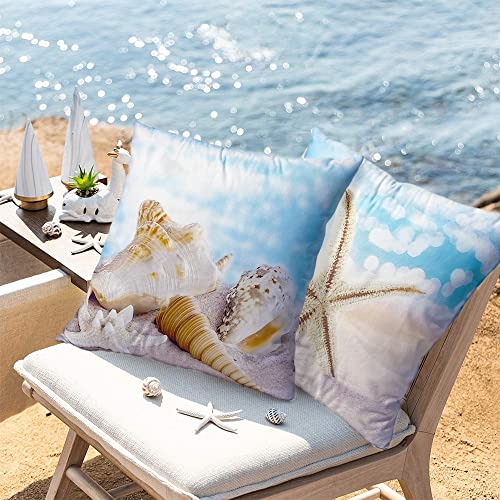Noapasa Blue Ocean Throw Pillow Covers Coastal Starfish Shell Decorative Pillow Covers Blue Outdoor Pillow Covers 18X18 Square Pillow Cases For Sofa Bedroom Living Room Modern Home Decor Set Of 4 #TOP3