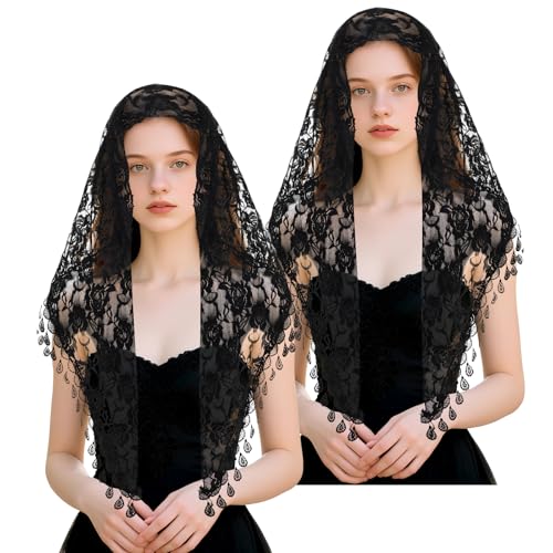 2 Pcs Mass Veil Triangle Mantilla Cathedral Head Covering Chapel Veil Lace Shawl Latin Scarf Latin Mass Head Covering Veils for Wedding Bridal Bridesmaid (Black)