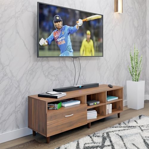 Image of VIKI Modern TV Unit for Living Room | Engineered Wood TV Cabinet with 1 Drawer Storage & 3 Open Shelves, Set Top Box Stand, Entertainment Unit, 140W x 48H x 40D cm | DIY | 1 Year Warranty (Walnut)