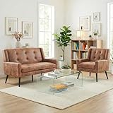 Koaris Midcentury 2-teiliges Sofa Set: Kleines 2-Sitzer Sofa + Chesterfield Sessel, Wildlederstoff in Braun, Gemütlich für Wohnzimmer und Büro