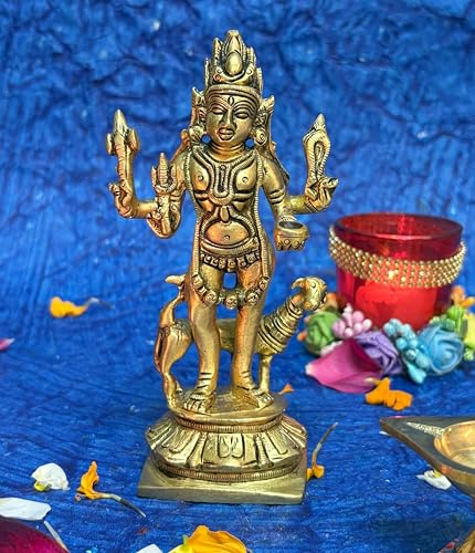 Kartique Brass Kaal Bhairava with Dog Statue Maha Kala God Vajrabhairava Yamantaka Murti Mahakal Bhairav Statue for Home Dcoraration Height 5.5 Inch Gold Color