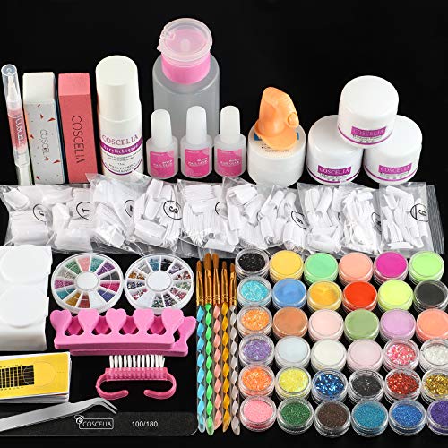 COSCELIA Acrylic Nail Kit with Acrylic Powder Liquid Glitter Powder French Nail Tips Brushes Manicure Tools for Nail Extension Professional Acrylic Nails Set