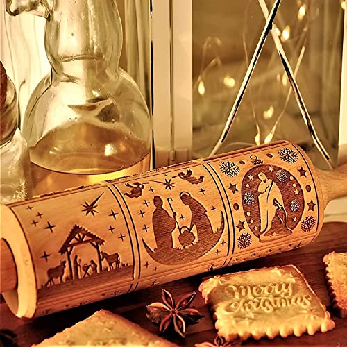 Xinbada Nativity Rolling Pin Christmas Pattern Xmas Wooden 3D Springerle Engraved Embossing With Jesus 9 Different Scene Design For Baking Cookies #TOP2