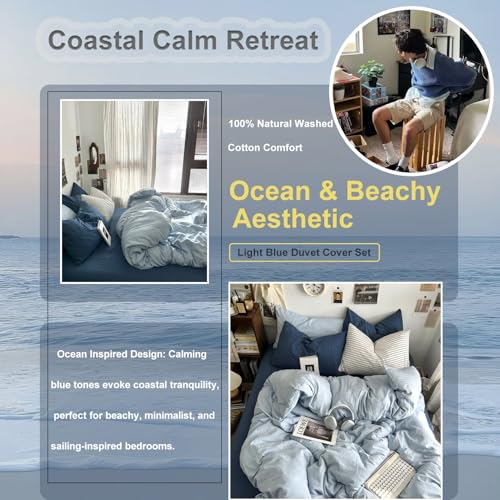Image of mixinni 100% Washed Cotton Duvet Cover Set King Size, Solid Light Blue Ocean Themed Chic Bedding, Soft Breathable Minimalist Comforter Cover with Zipper Closure & Corner Ties-King Size