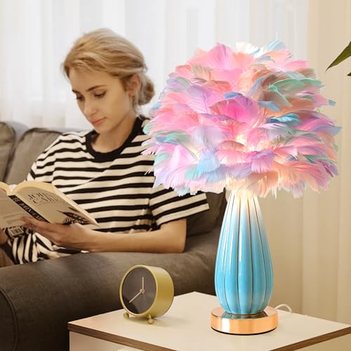 ZYLEISENBAO Colorful Feather Lamp Modern Feather Table Lamp Nordic Fluffy Bedside Lamp Cute Princess Desk Lamp for Kid Girl Bedroom Living Room Entry Office Nursery Wedding Decoration Gift — view 3