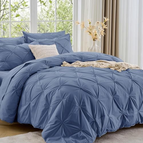 Image of Sasttie King Size Comforter Set, 7-Piece Bed in a Bag, Pintuck Bedding Set for All Season, Includes Comforter, Flat Sheet, Fitted Sheet, Pillowcases and Pillowshams, Slate Blue
