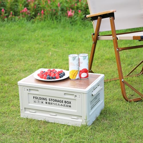 Outdoor Collapsible Plastic Storage Bins Box with Lids, Stackable Foldable Camping Box with Imitation Wooden Lid, Portable Tray Table, Two Opening Ways - Image 4