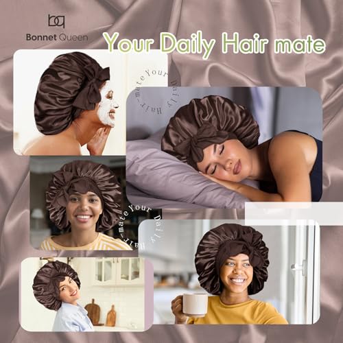 Image of BONNET QUEEN XL Large Silk Bonnet for Sleeping for Women Big Satin Bonnet Night Cap for Curly Hai rwith Tie Band, Single Layer, Large, Chocolate