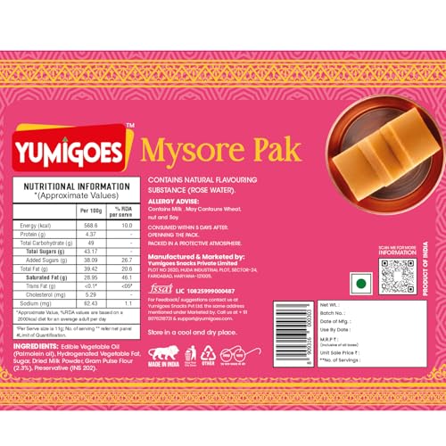Image of Yumigoes Mysore Pak 400g - Traditional South Indian Sweet Made with Gram Flour | Soft Mithai Gift Box for Diwali, Gifting, Celebrations & Puja Sweets (Pack of 3)