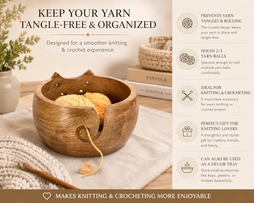 Image of Large Cat Yarn Bowl, 7 x 4 Inch Wooden Crochet Holder | Mango Wood, Holds 2-3 Yarn Balls, 5 Hook Slots, Tangle-Free, Smooth Finish, Cat Shape, Giftable