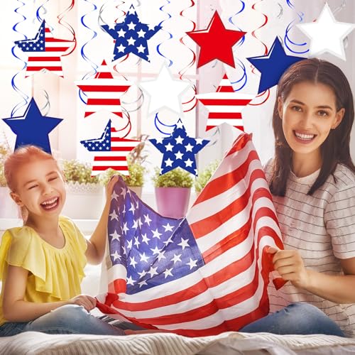 Image of 72 Pcs 4th of July Hanging Decorations Independence Day Party Decoration 250th Anniversary Red White Blue Swirl Star Decor Patriotic Ceiling Decorations USA for 4th of July Party Supplies