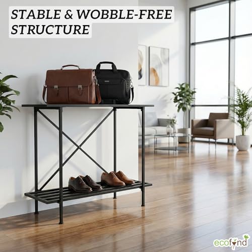 Image of ecofynd Metal Luggage Rack, 2-Tier Space-Saving Travel Organizer, Stable Luggage Holder for Guest Room, Bedroom, Hotel, Holds up to 150 Kg, Strong, Non-Slip Feet, X-Cross Brace at Back (Black)