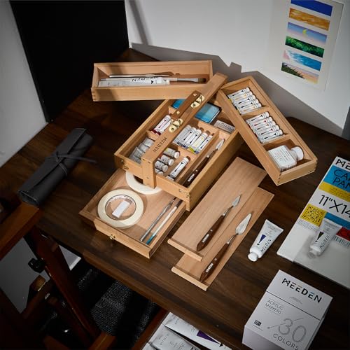 Image of MEEDEN Portable Artist Supply Storage Box: Foldable Beech Wood Box | Multi-Function Artist Tool & Brush Storage Box with Compartments & Drawer for Pastels, Pencils, Pens, Markers, Brushes