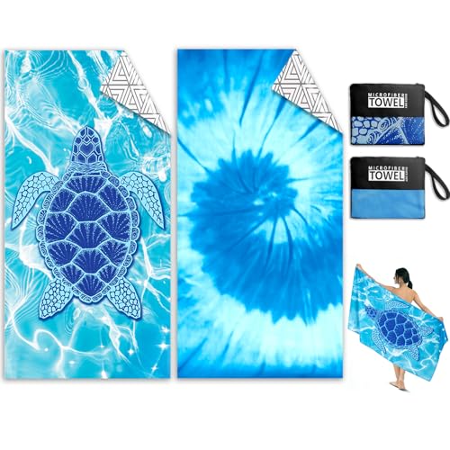 Kelvindra Microfibre Beach Towels for Adults - 2 Pack Double Sided Lightweight Beach Towel 180x90cm Extra Large Sand Free Quick Dry Microfibre Towel with Mesh Bags for Travel Swim & Sunbathing