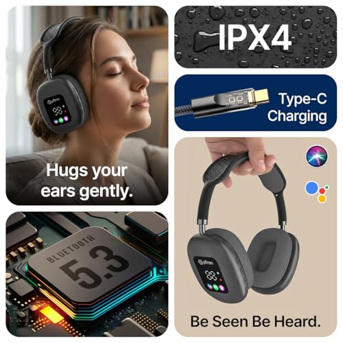 Image of pTron Studio Pixel, 70hrs Playtime, Dual Device Pairing, Wireless Over Ear Headphones w /HD Mic, TruTalk AI-ENC Calls, 40mm Drivers, Pristine Sound, RGB Display, BT5.3 & Type-C Charging (Jet Black)