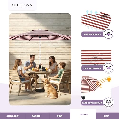 Image of Midtown Umbrellas - 10-Year-No-Fade 6 Ft Patio Umbrella with Terylast Fabric, Auto-Tilt Aluminum Frame and 8 Reinforced Ribs for Deck, Pool, Garden & Beach - Red /White Stripes Canopy, Black Pole