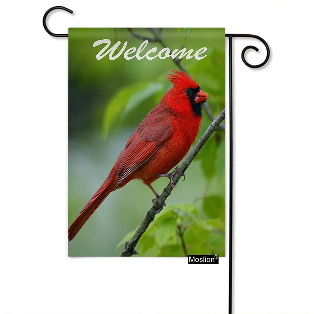 MoslionWelcome Cardinal Garden Flags Double Sided Red Bird on Green Tree Branch Nature Yard Flag 12.5x18 Inch Burlap Banners Home Decorative Outdoor Villa