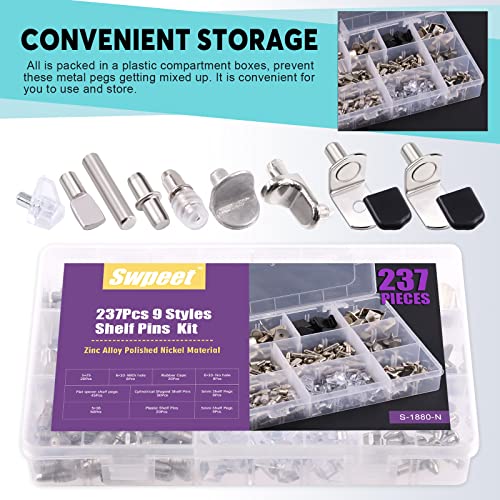 Swpeet 237Pcs 9 Styles Nickel Plated and Metal Shelf Pins Kit with Black Rubber Sleeves, Shelf Bracket Pegs Cabinet Shelf Support Peg Furniture Cabinet Shelf Pegs for Shelf Holes on Cabinets by Swpeet - Image 7