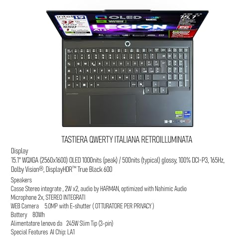 Legion 5 Ai, Notebook Gaming, Intel Core i9-14900HX, RAM DDR5 32Gb, SSD 1Tb Display 15.1" WQXGA (2560x1600) OLED 1000nits, 165Hz, Geforce RTX 5070 8Gb, Win 11 Pro, Ready to use - Notebook - Immagine 3