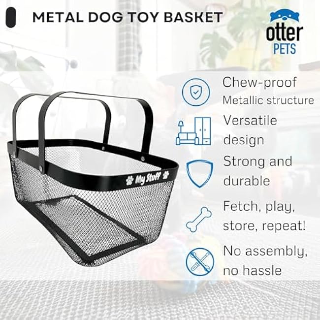 Dog Toy Basket Metal Mesh Metal, Chew Proof Black Dog Toy Bin, Durable Dog Toy Box, Sturdy Dog Toy Storage