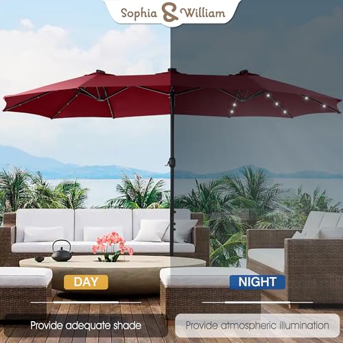 Sophia & William 15 ft Extra Large Patio Umbrella with Solar Lights, Rectangular Outdoor Umbrella with Base Included, Market Umbrella Double-sided Heavy Duty for Pool Garden Backyard, Dark Red