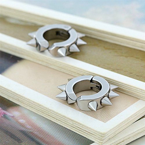 Flongo Men's Women Punk Silver Stainless Steel Spike Rivet Clip-On Non Pierced Hoop Earrings #TOP2