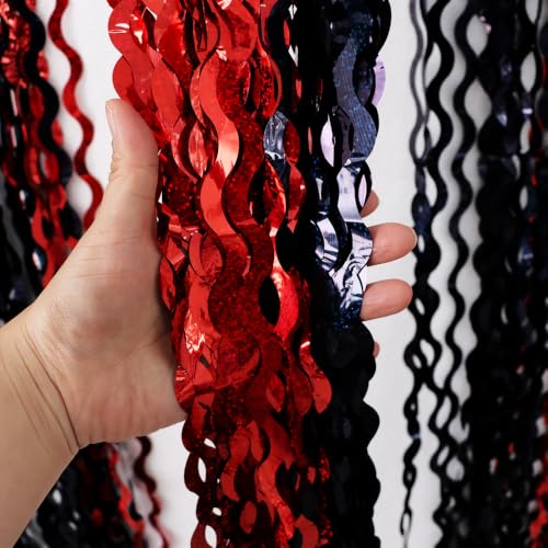 Image of TONIFUL 2Pcs Wavy Black Red Metallic Foil Fringe Curtain Laser Streamers