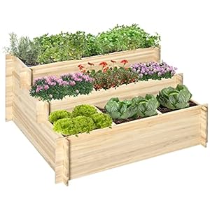Outsunny 3 Tier Raised Garden Bed with 9 Grow Grids and Bed Liner, Elevated Wooden Planter Kit, Flower Box for Vegetables, Herb Outdoor Indoor Use, 46 x 39 x 21in