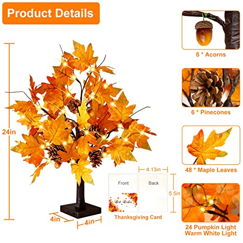 CKE 24 Inch Artificial Fall Tree Lighted Maple Tree Battery USB Operated w/Timer, 24 LED Thanksgiving Decorations Table Lights Tree for Autumn Wedding Party Gift Indoor Outdoor Harvest Home Decoration