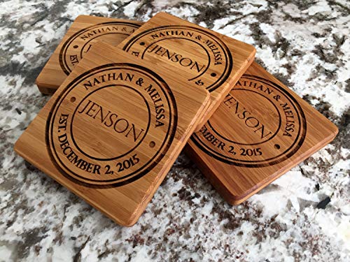Monogram Wood Coasters for Drinks - Personalized Wedding-Gifts, Bridal Shower-Gifts (Set of 4, Jenson Design)