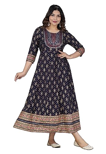 Image of Women's Rayon Embroidered Anarkali Kurti | Elegant Blue & Pink Long Kurti for Women | Premium Ethnic Wear for Diwali & Wedding | Stylish Comfortable Festive Outfit in Floral Design